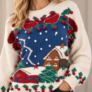 Laura Daniels Christmas Sweater Womens M White Winter Village 3D Cottagecore